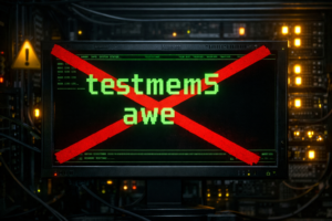 Экран с ошибкой "testmem5 awe" в серверной стойке с аварийными индикаторами.