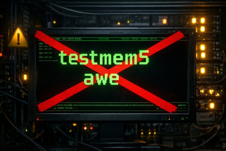 Экран с ошибкой "testmem5 awe" в серверной стойке с аварийными индикаторами.