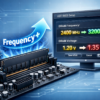 Материнская плата с модулем RAM, стрелка "Frequency+" указывает на окно BIOS с увеличением частоты с 2400 до 3200 МГц.