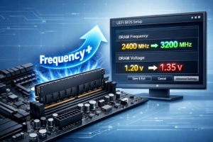 Материнская плата с модулем RAM, стрелка "Frequency+" указывает на окно BIOS с увеличением частоты с 2400 до 3200 МГц.